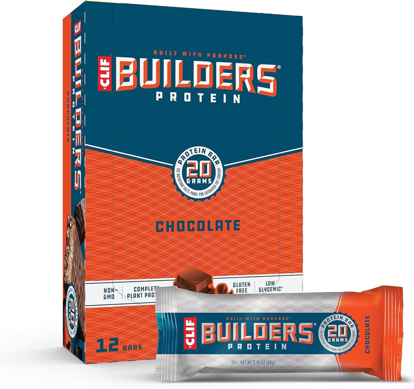 CLIF Builders - Chocolate Flavor - Protein Bars - Gluten-Free - Non-GMO - Low Glycemic - 20g Protein - 2.4 oz. (12 Count)