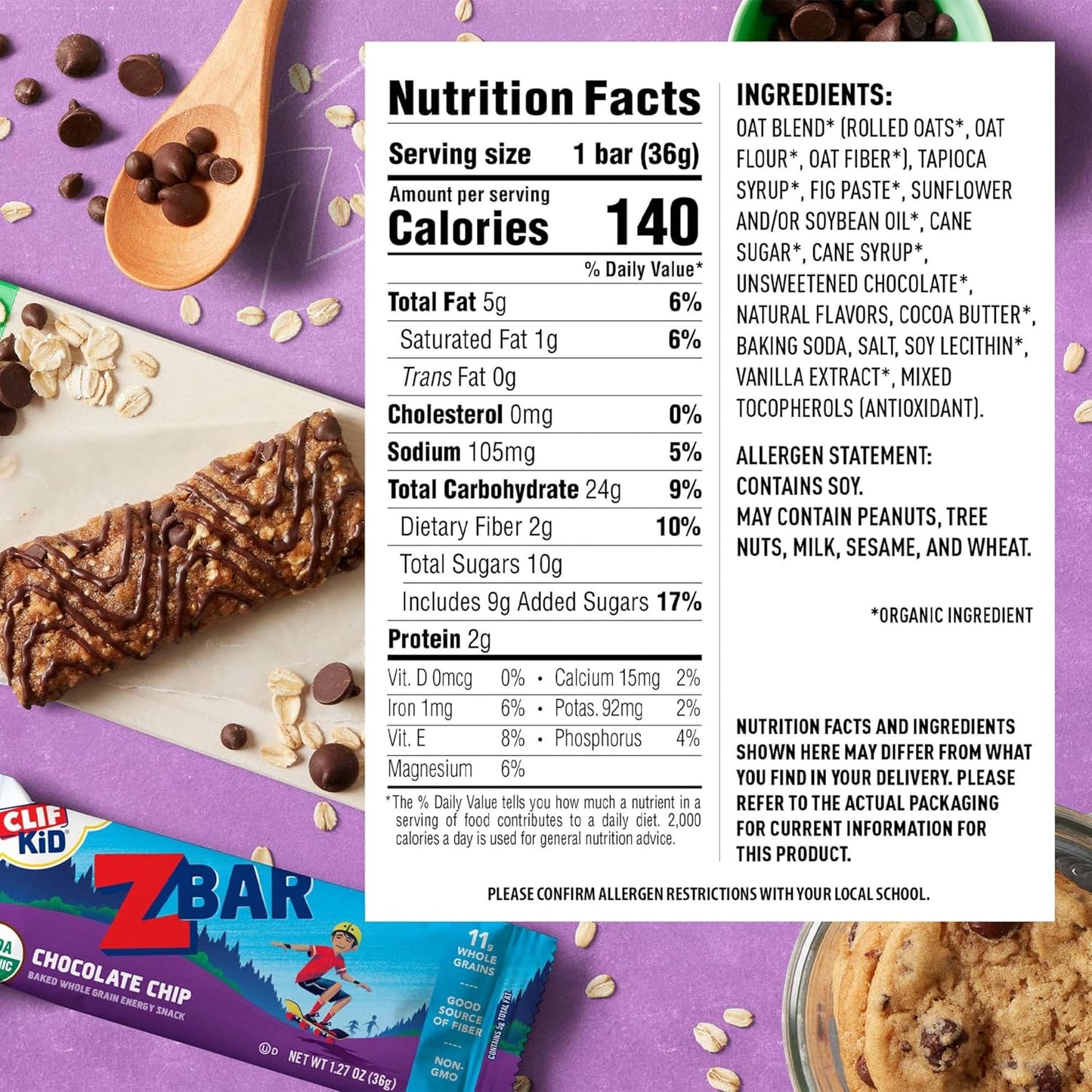 CLIF Kid Zbar - Chocolate Chip - Soft Baked Whole Grain Snack Bars - USDA Organic - Non-GMO - Plant-Based - 1.27 oz. (18 Pack)