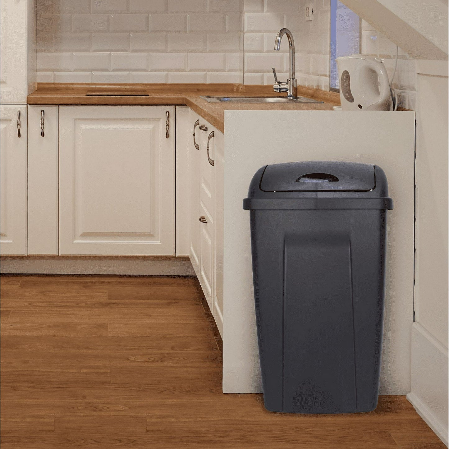 Mainstays 13 Gallon Kitchen Trash Can, Plastic Swing Top Garbage Bin, Black