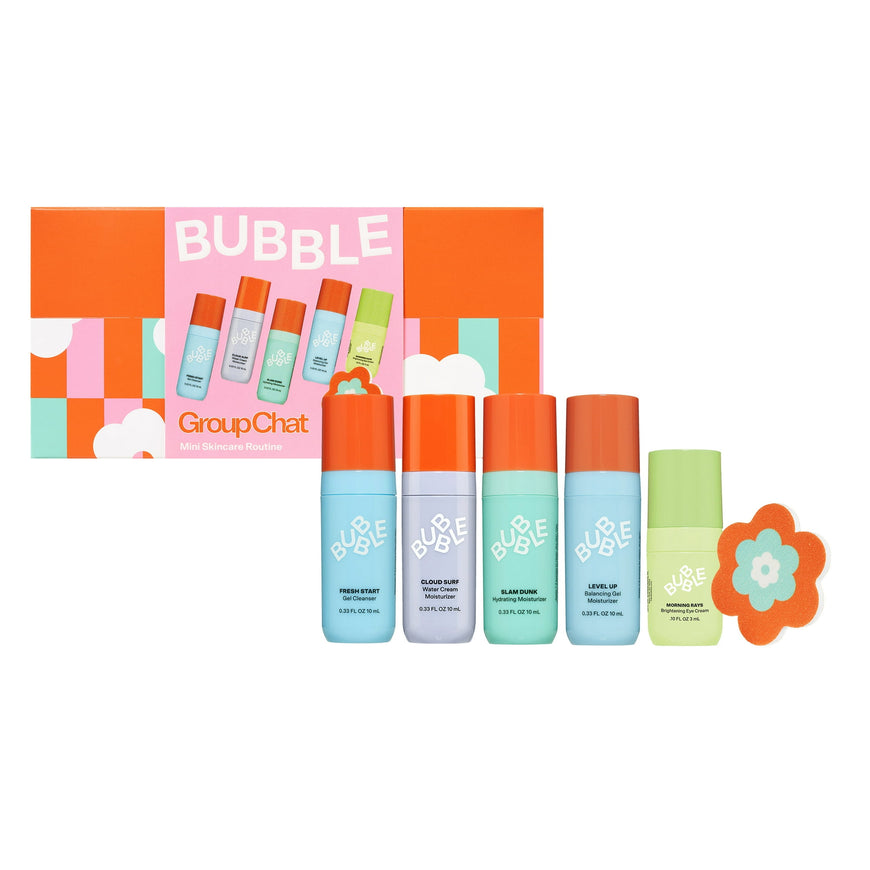 Bubble Skincare Group Chat Mini Routine 6-Piece Set, Includes Fresh Start 10ml, Morning Rays 3ml, Level Up 10ml, Cloud Surf 10ml, and Olive & June Flower Nail File