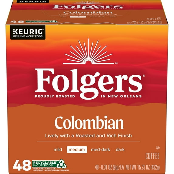 Folgers Colombian Coffee, Medium Roast, Keurig K Cup Pods, 48 count Box