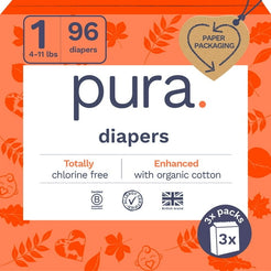 Pura Sensitive Soft Sustainable Baby Diapers Size 1, 96 Count (Choose Your Size and Count)