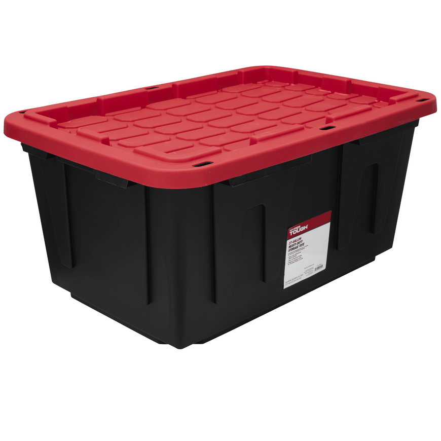 (2 pack) Hyper Tough Large Storage Bin, 27 Gallon Plastic Storage Container with Snap-On Lid, Black and Red, Industrial