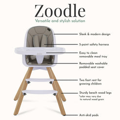 Evolur Zoodle 2-in-1 High Chair Booster Feeding Chair with Modern Design, Light Grey (Model #254)