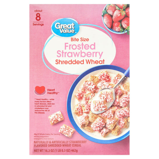 (6 pack) Great Value Bite Size Frosted Strawberry Shredded Wheat Breakfast Cereal, 16.3 oz