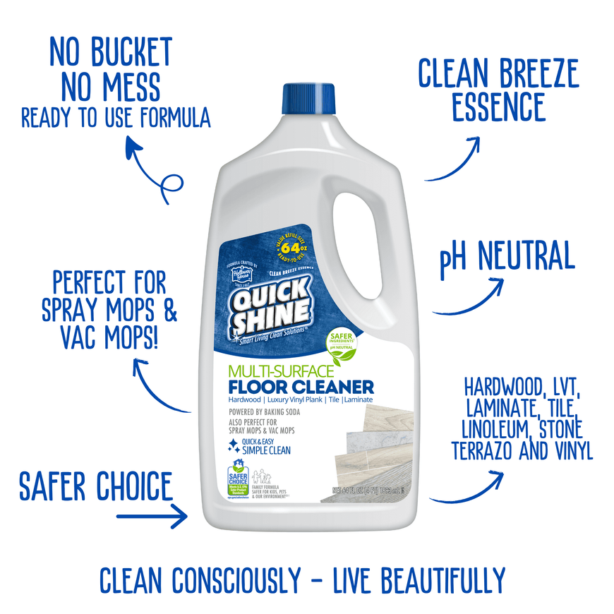Quick Shine Multi Surface Floor Cleaner 128 oz (2- 64 oz Bottles), Use in Spray & Vac Mops, Ready-to-Use Streak Free No-Rinse Formula, Safer Choice Certified for Gentle & Effective Cleaning