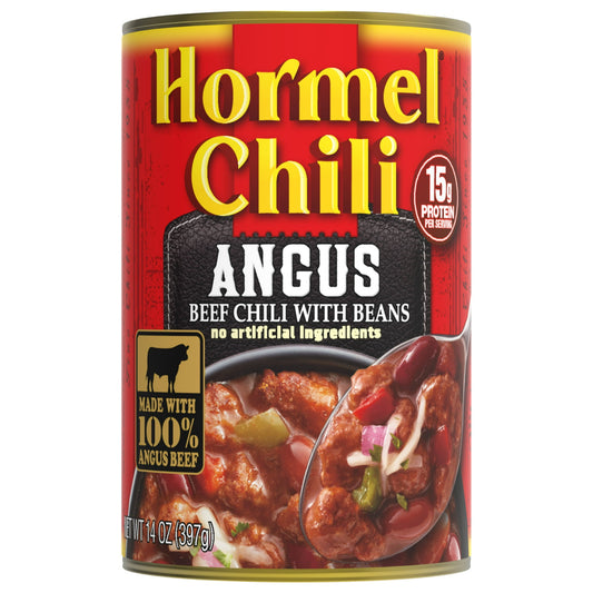 (12 pack) HORMEL Chili Angus Beef Chili with Beans, Shelf-Stable, 14 oz Steel Can