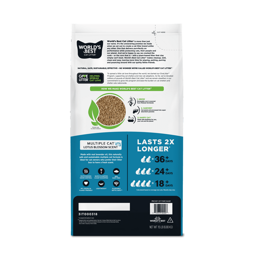 WORLD'S BEST CAT LITTER Multiple Cat Lotus Blossom Scented - Long-Lasting Odor Control, Natural Ingredients, Quick Clumping, Flushable, 99% Dust Free - Floral Fragrance - 15 lb Bag