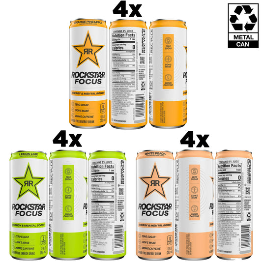Rockstar Focus Zero Sugar Energy Drink, 3 Flavor Variety Pack, LionÕs Mane, Energy & Mental Boost, 12 oz 12 Pack Cans