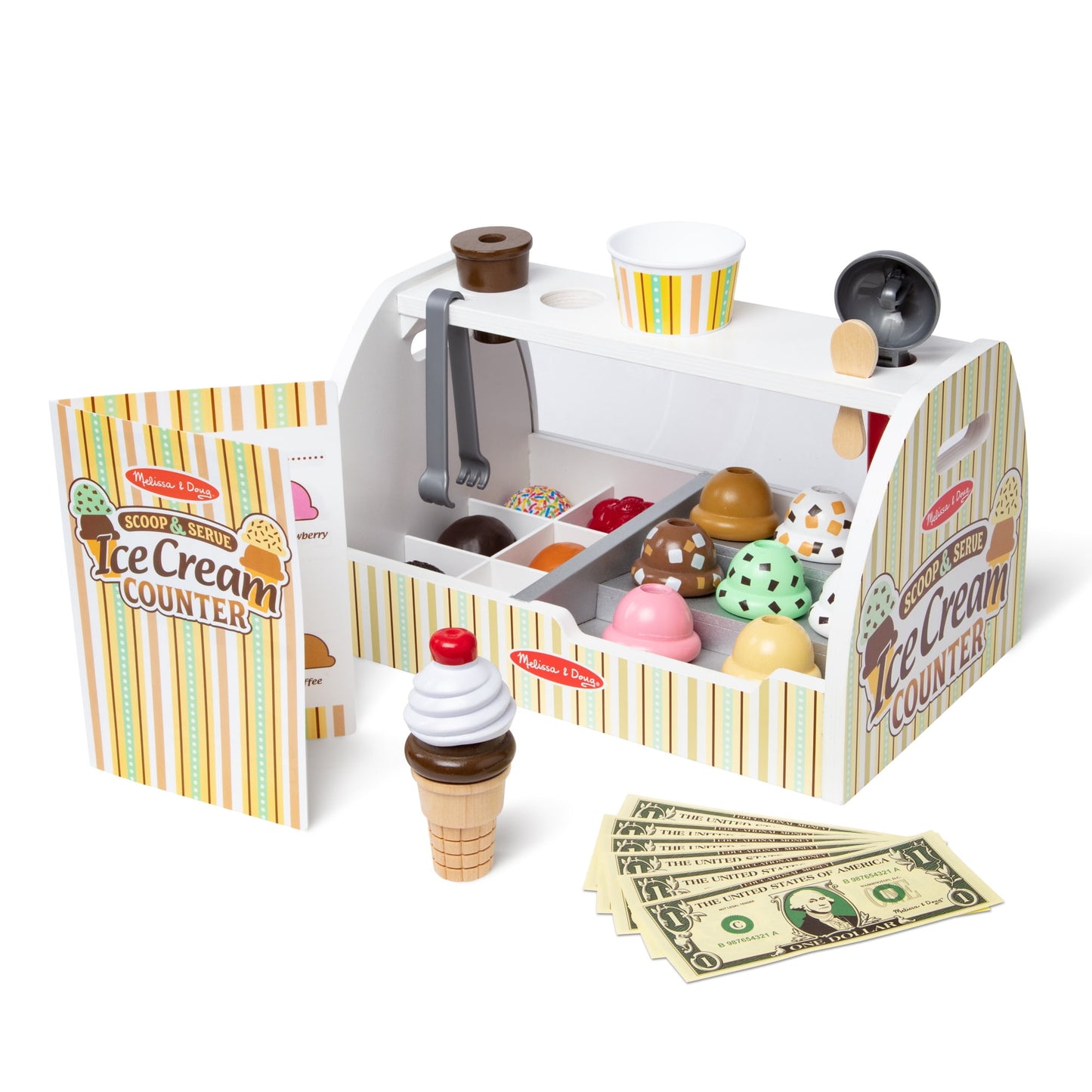 Melissa & Doug Wooden Scoop and Serve Ice Cream Counter With Play Food and Accessories (28 Pcs)