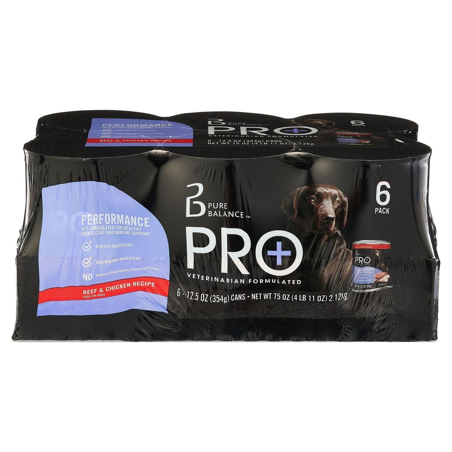 (2 pack) Pure Balance Pro+ Performance Beef & Chicken Recipe Wet Dog Food, 12.5 oz Cans (6 Pack)