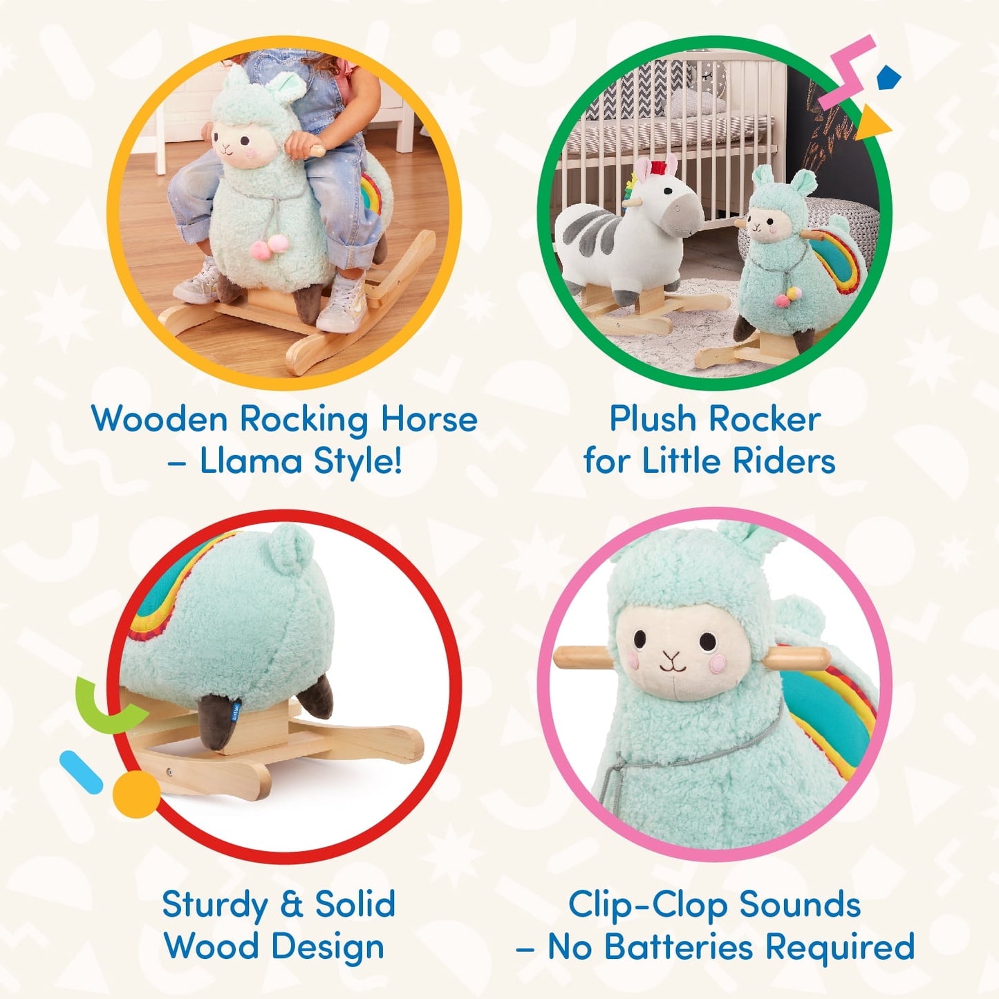Battat Ride-a-Llama Animal Multicolor Rocking Toy with Wooden Handle, Baby and Toddler Toys