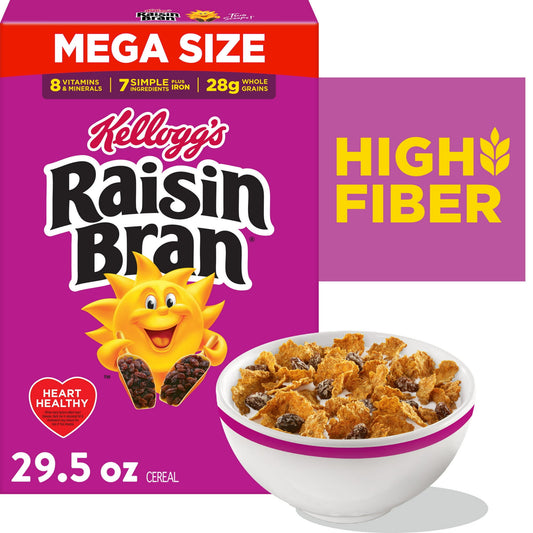 (3 pack) KelloggÕs Raisin Bran Breakfast Cereal, High Fiber, 28g Whole Grain, Mega Size, 29.5 oz