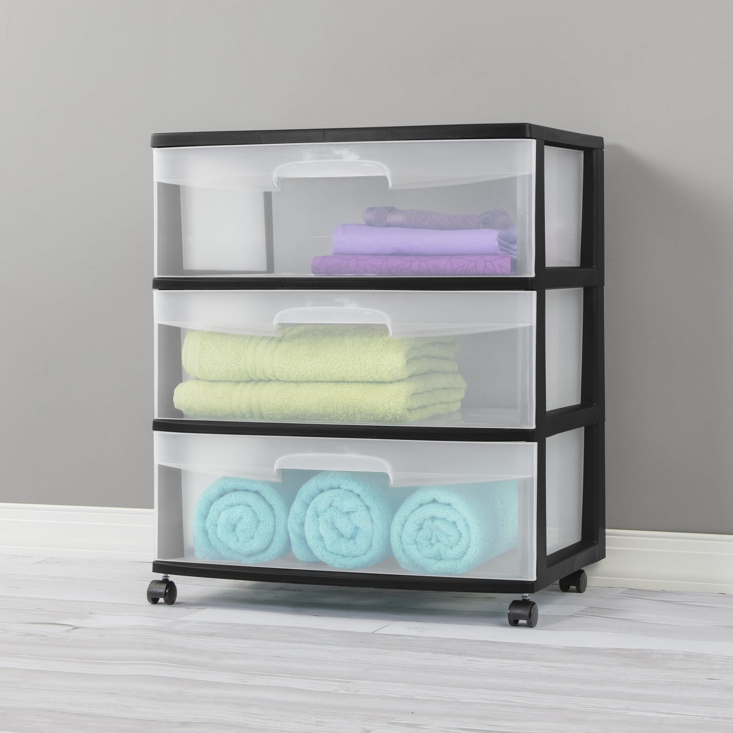 Sterilite Wide 3 Drawer Cart, Clear Plastic Storage Drawers, Wheels Included, Black