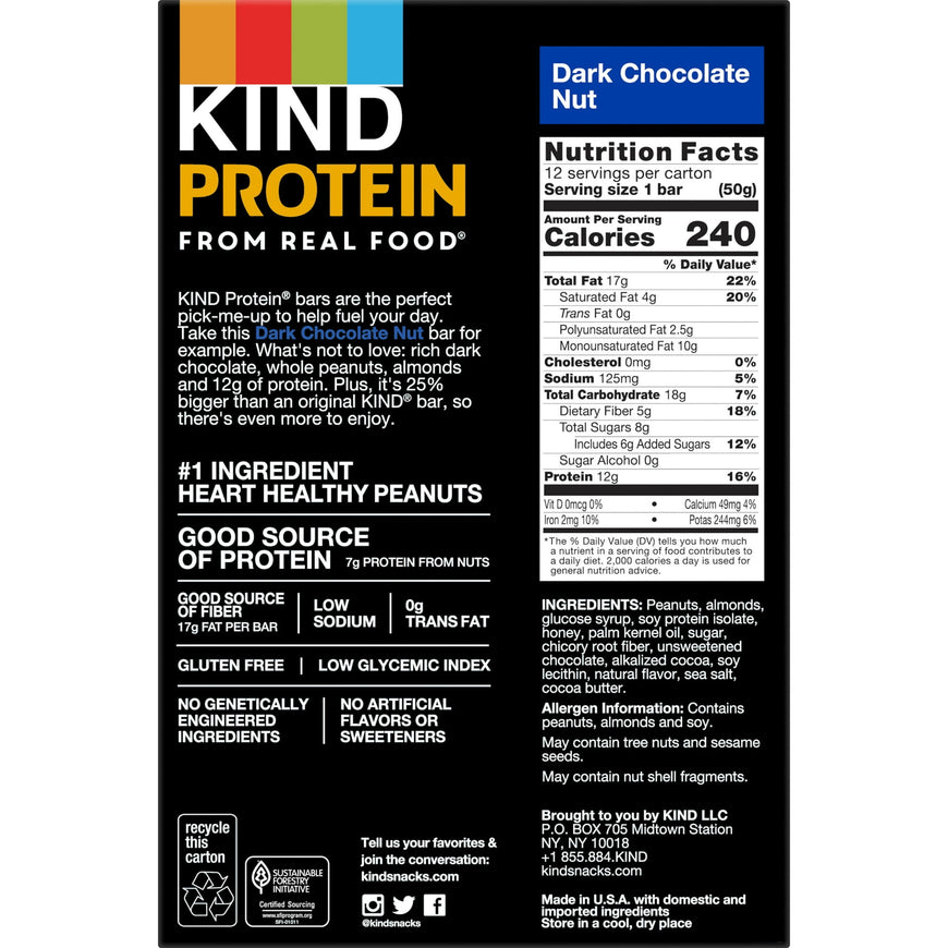 KIND Protein Bars, Double Dark Chocolate Nut, Gluten Free, 12g Protein, 1.76oz, 12 Count