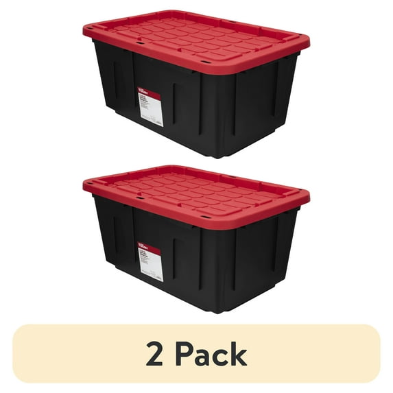 (2 pack) Hyper Tough Large Storage Bin, 27 Gallon Plastic Storage Container with Snap-On Lid, Black and Red, Industrial