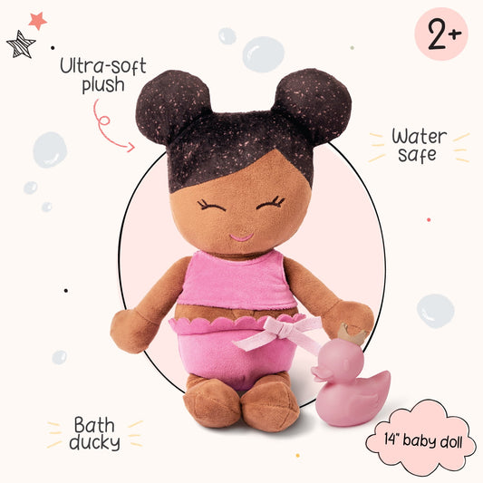 LullaBaby 14-inch Plush Bath Doll Dark-Brown Hair Tub Toys for Kids 2 Years Old & up