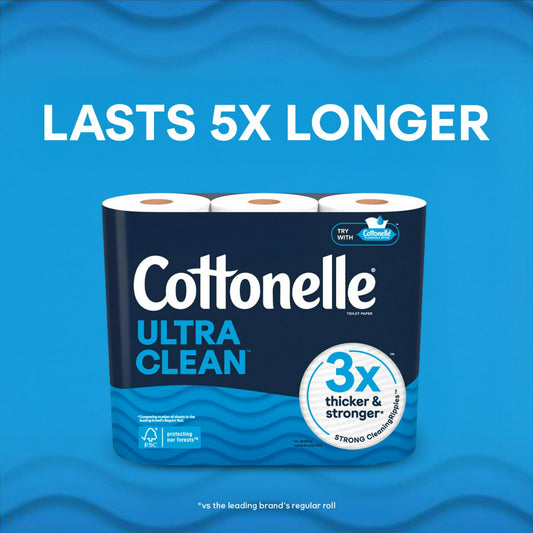 Cottonelle Ultra Clean Toilet Paper, Strong Toilet Tissue, 12 Mega Rolls