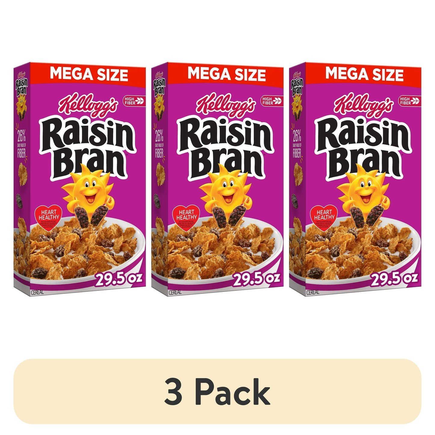 (3 pack) KelloggÕs Raisin Bran Breakfast Cereal, High Fiber, 28g Whole Grain, Mega Size, 29.5 oz