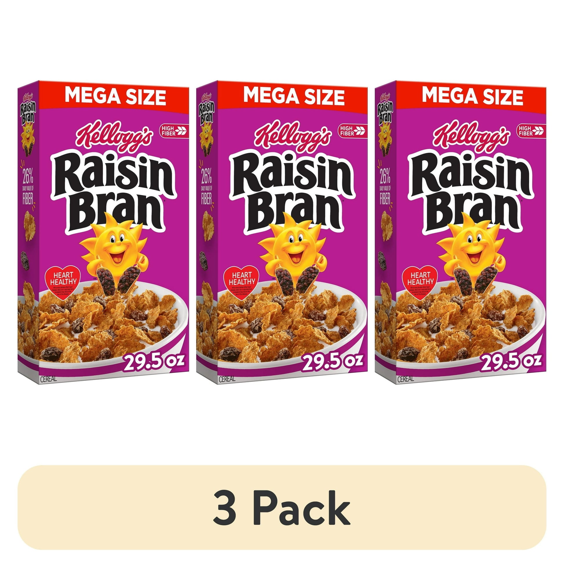 (3 pack) KelloggÕs Raisin Bran Breakfast Cereal, High Fiber, 28g Whole Grain, Mega Size, 29.5 oz