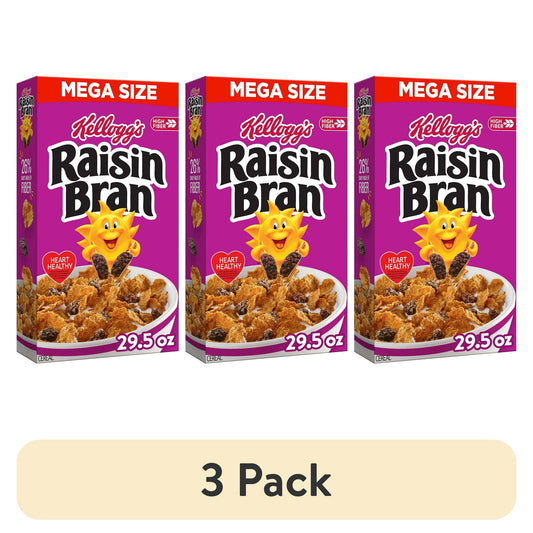 (3 pack) KelloggÕs Raisin Bran Breakfast Cereal, High Fiber, 28g Whole Grain, Mega Size, 29.5 oz
