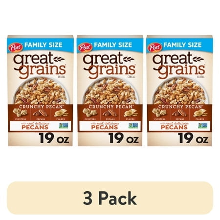 (3 pack) Post Great Grains Crunchy Pecan Breakfast Cereal, Non GMO, Heart Healthy, Low Fat, Whole Grain, 19oz