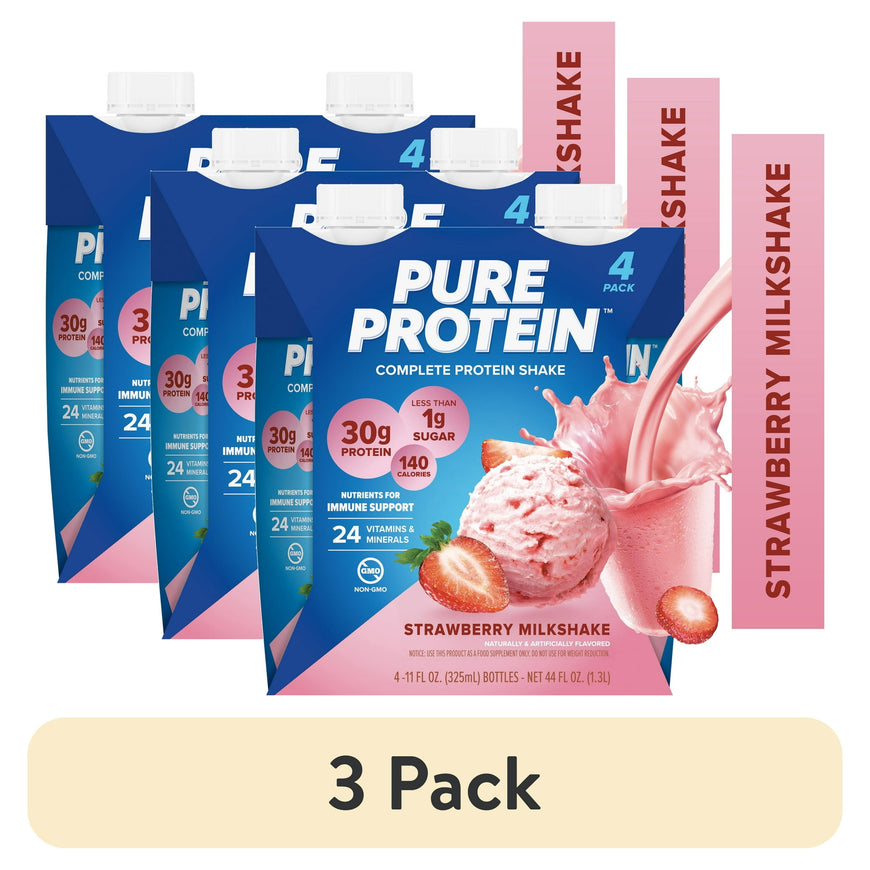 (3 pack) Pure Protein Strawberry Milkshake Complete Protein Shake, 11 fl oz, 4 Ct