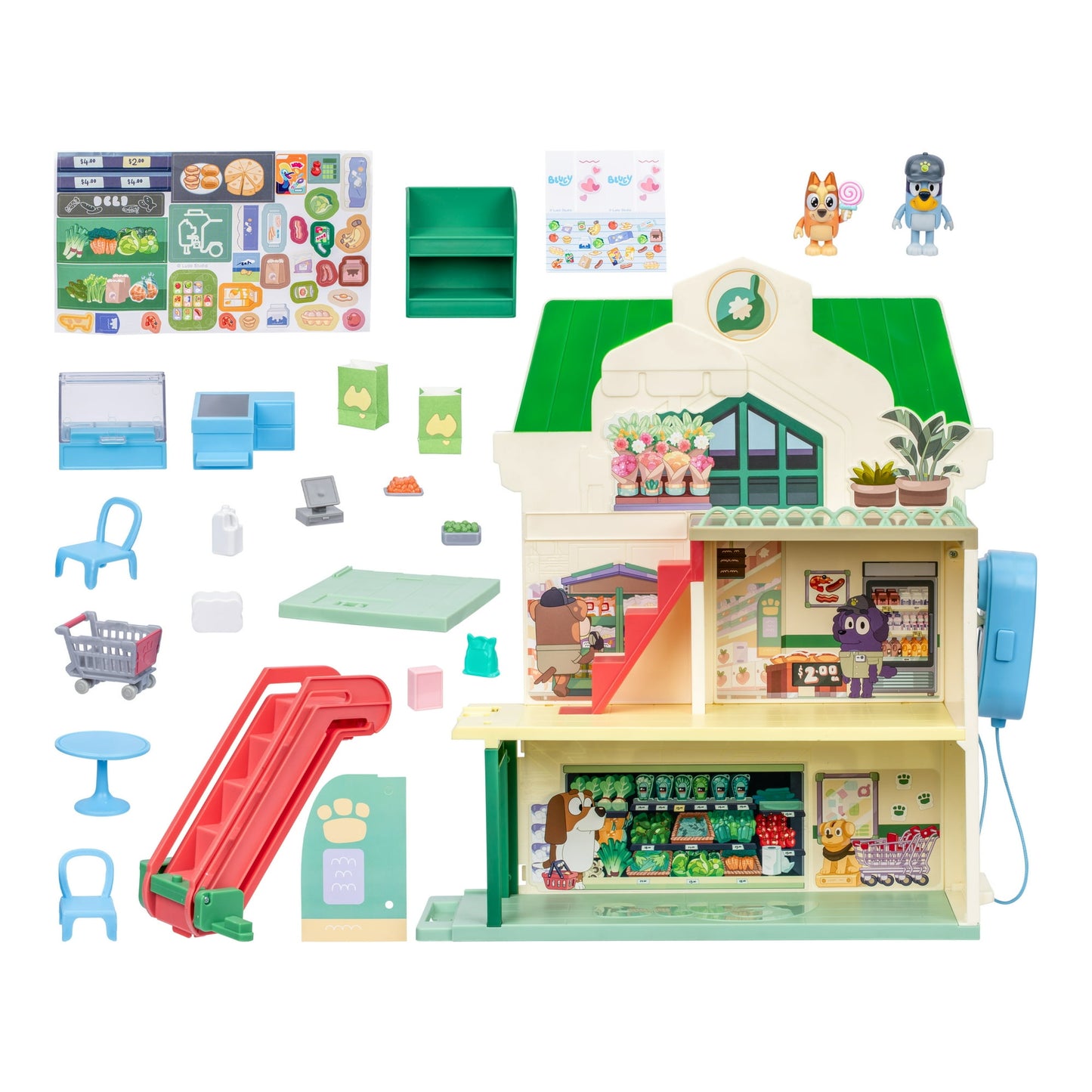 Bluey Supermarket Playset, 3 Different Levels with Exclusive Bluey and Bingo Figures. 24 Sounds and 15+ Play Pieces Plus Fun Intercom, Ages 3+