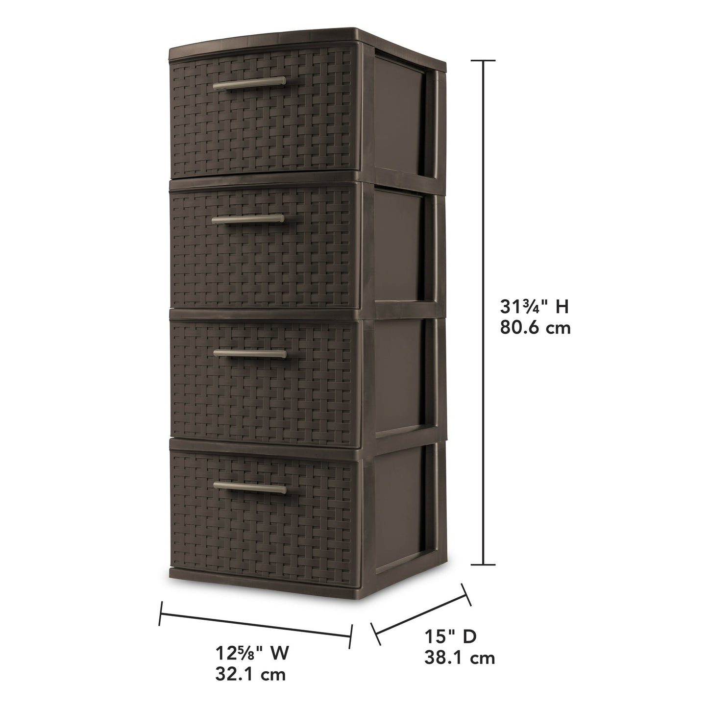 Sterilite 4 Drawer Weave Tower, Plastic DŽcor Drawers with Pull Handles, Brown
