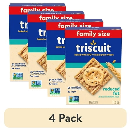 (4 pack) Triscuit Reduced Fat Whole Grain Wheat Crackers, Vegan Snack Crackers, Family Size, 11.5 oz