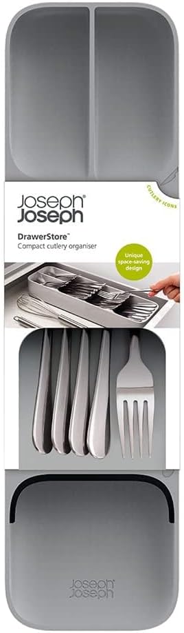 Joseph Joseph DrawerStore Compact Utensil Organizer For Kitchen Drawer Silverware, Flatware Tray, Small, Grey