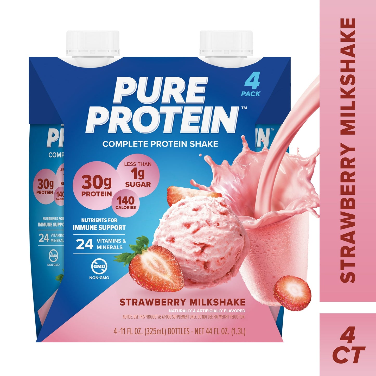 (3 pack) Pure Protein Strawberry Milkshake Complete Protein Shake, 11 fl oz, 4 Ct