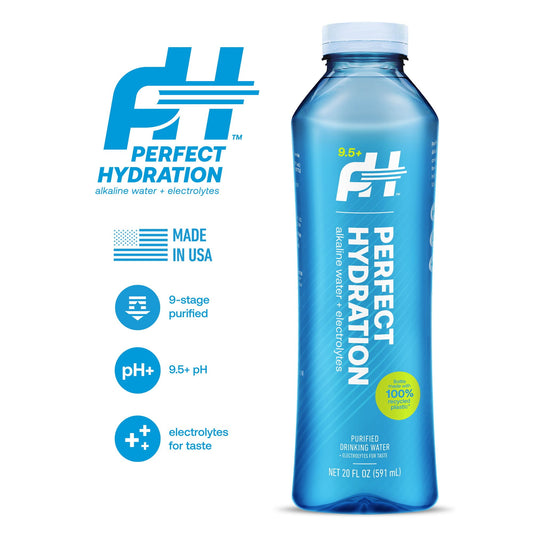 Perfect Hydration 9.5 pH Alkaline Water, Electrolytes for Taste, Bottles Made with 100% Recycled Plastic, 20 Fl Oz, Pack of 24