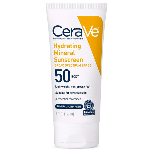 CeraVe 100% Mineral Sunscreen SPF 50 | Body Sunscreen with Zinc Oxide & Titanium Dioxide | Hyaluronic Acid & Ceramides | Oil Free & Non-Greasy |.