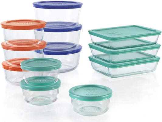 Pyrex Simply Store Glass Food Storage Container Set with Lid, Rectangular Glass Storage Containers with Lid, BPA-Free Lid, Dishwasher, Microwave and Freezer Safe, 24 Piece