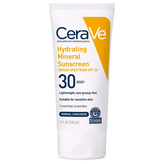 CeraVe 100% Mineral Sunscreen SPF 30 | Body Sunscreen with Zinc Oxide & Titanium Dioxide | Hyaluronic Acid & Ceramides | Oil Free | Non-Greasy |...