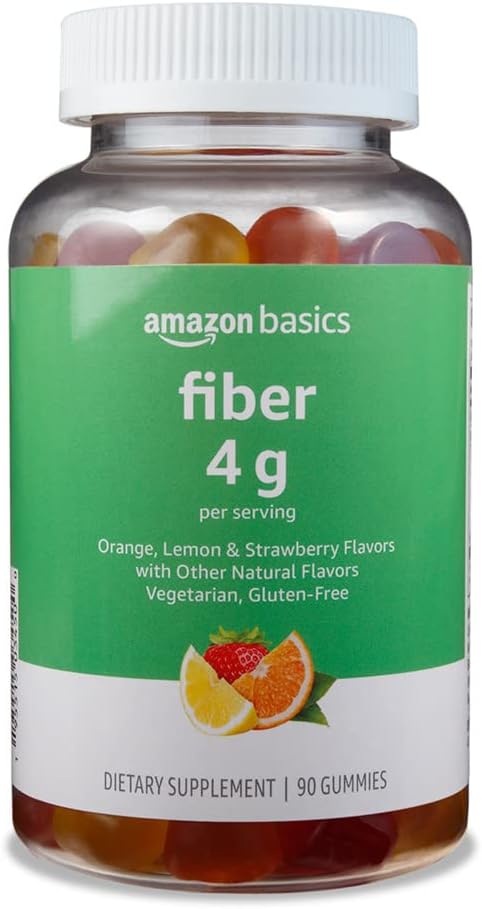 "Amazon Basics (previously Solimo) Fiber 4g Gummy - Digestive Health, Supports Regularity, Orange, Lemon & Strawberry, 90 Gummies (2 per Serving) 
"