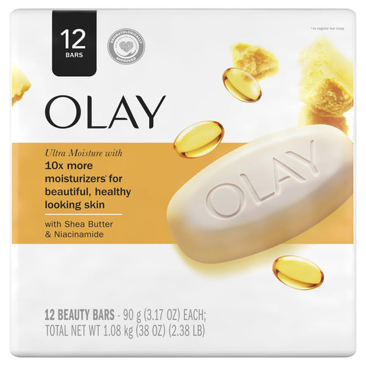 Olay Moisture Outlast Ultra Moisture Shea Butter Beauty Bar with Vitamin B3 Complex, 3.17 oz, (Pack of 12)