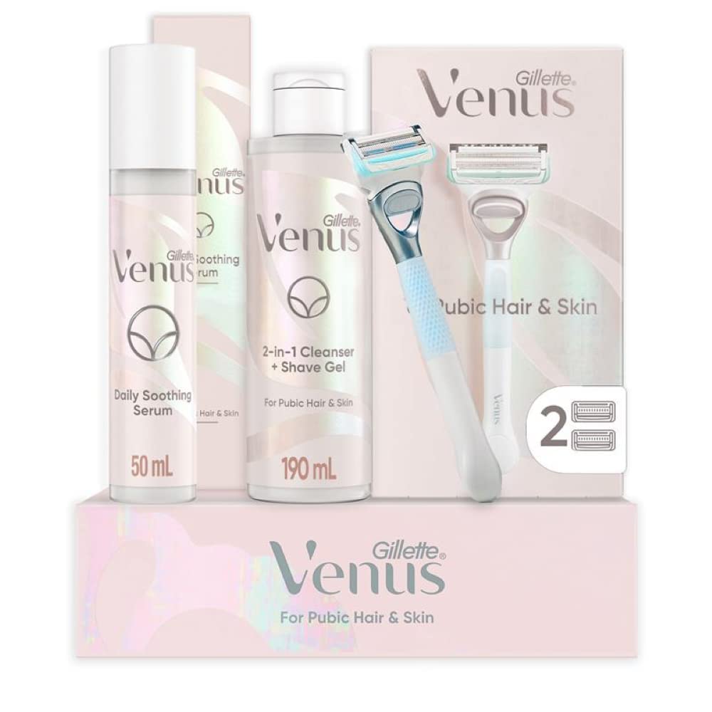 Gillette Venus For Pubic Hair And Skin Womens Shaving Kit, Bikini Razors for Women, 1 Venus Handle, 2 Razor Blade Refills, 2 in 1 Cleanser And Shave Gel, Daily Soothing Serum For Intimate Grooming

