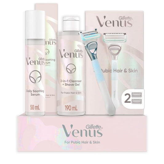 Gillette Venus For Pubic Hair And Skin Womens Shaving Kit, Bikini Razors for Women, 1 Venus Handle, 2 Razor Blade Refills, 2 in 1 Cleanser And Shave Gel, Daily Soothing Serum For Intimate Grooming
