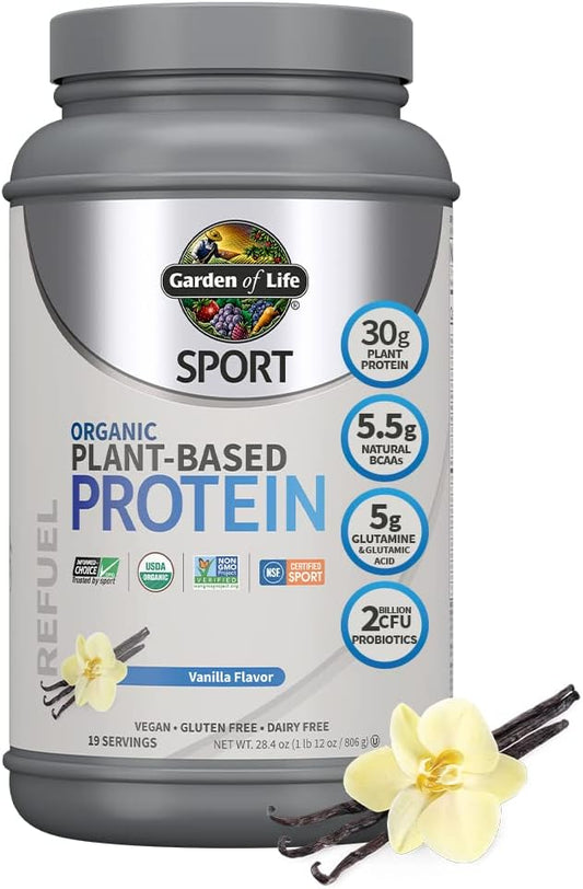 Organic Vegan Sport Protein Powder, Vanilla - Probiotics, BCAAs, 30g Plant Protein for Premium Post Workout Recovery - NSF Certified, Keto, Gluten & Dairy Free, Non GMO - Garden of Life - 19 Servings