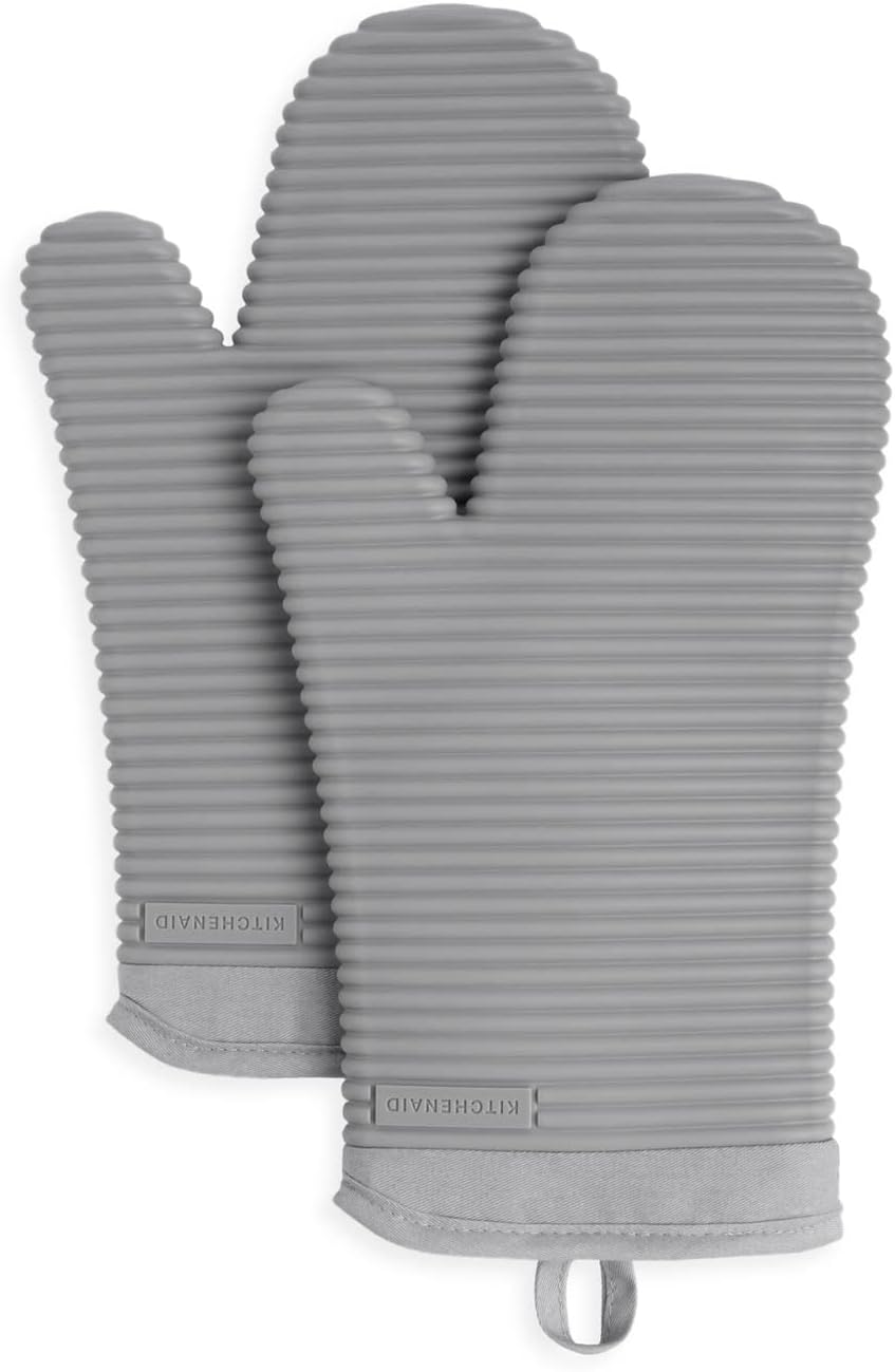 KitchenAid Ribbed Soft Silicone Oven Mitt Set, 7"x13", Grey 2 Count
