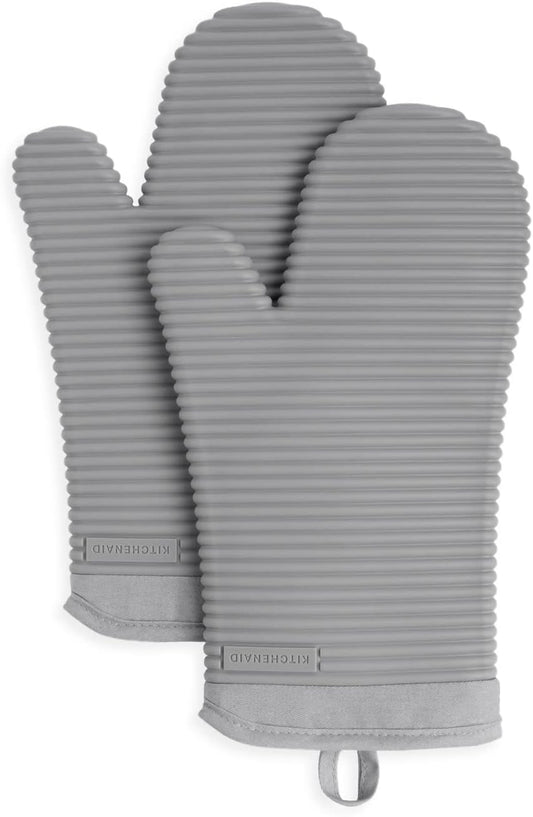 KitchenAid Ribbed Soft Silicone Oven Mitt Set, 7"x13", Grey 2 Count