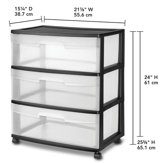 Sterilite Wide 3 Drawer Cart, Clear Plastic Storage Drawers, Wheels Included, Black