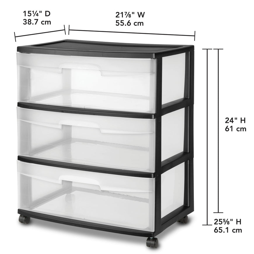 Sterilite Wide 3 Drawer Cart, Clear Plastic Storage Drawers, Wheels Included, Black