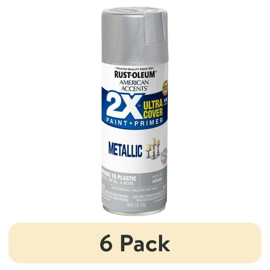 (6 pack) Silver, Rust-Oleum American Accents 2X Ultra Cover Metallic Spray Paint- 11 oz