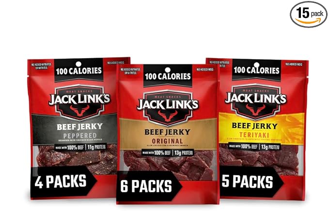 Jack Link's Beef Jerky Variety Pack Ð Includes Original, Teriyaki and Peppered Jerky, Bulk Protein Snack Pack, Good Source of Protein, Meat Snacks Made with 100% Beef Ð 1.25 Oz (Pack of 15)