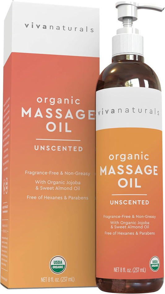 Viva Naturals Organic Massage Oil (8 fl. oz.) - Unscented Body Massage Oil for Massage Therapy - Perfect for Home & Professional Massages - Non-Greasy and Non-Sticky Formula