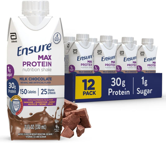 Ensure Max Protein Milk Chocolate Nutrition Shake, 30g Protein, 1g Sugar, 4g Comfort Fiber Blend, 12 Pack