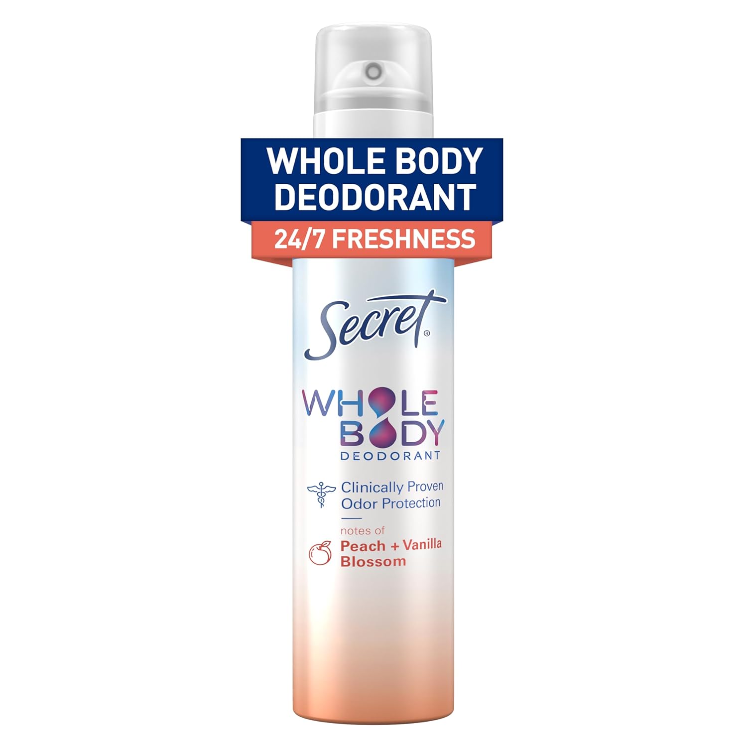 Secret Whole Body Deodorant for Women, Peach & Vanilla Scent, Aluminum Free Deodorant Spray, 72 HR Odor Protection, 3.5 oz